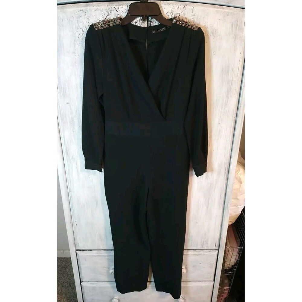 Zara Embellished Pleated  Shoulder V-neck  Jumper Xs Black Office Party Classy